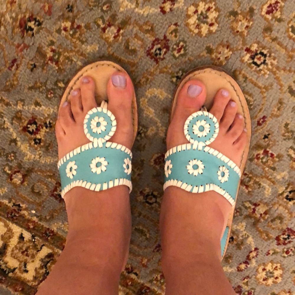 Jack Rogers turquoise and white flat sandal
